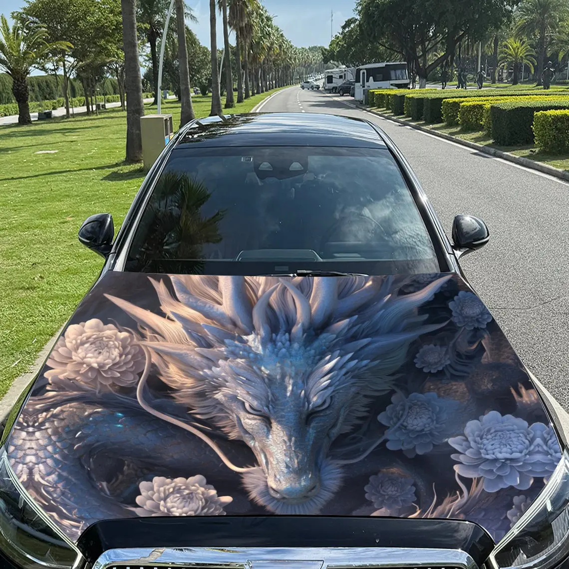 

Majestic Icy Blue Dragon Car Vinyl Wrap, PVC Material Waterproof Car Hood Sticker, Self-Adhesive Scratch-Resistant Stickers for