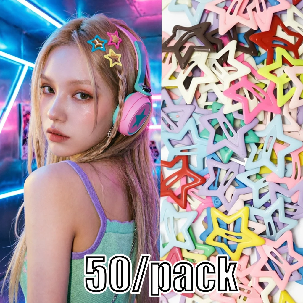 50Pcs Y2K Candy Color Star Hair Clips for Girls Kawaii Metal Barrettes Cute Kids Dopamine Style Hairpins Teens Children Headwear