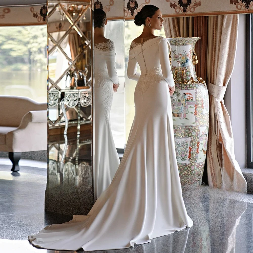 Modern Satin Mermaid Bridal Gown Draped Asymmetric Neckline Long Sleeves Floral Lace Appliques Sweep Train Chic Wedding Dress