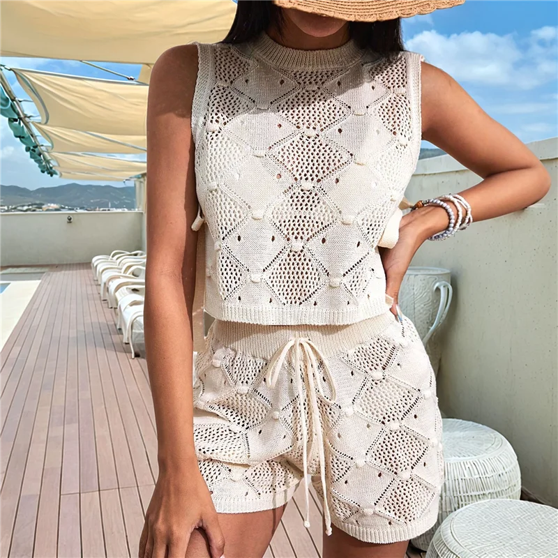 ABRT-المرأة 2 قطعة ملابس الكروشيه الجوف خارج متماسكة أكمام ملابس السباحة التستر رداء علوي غير رسمي مجموعة تي شيرتات قصيرة للأطفال مجموعة الشاطئ #2