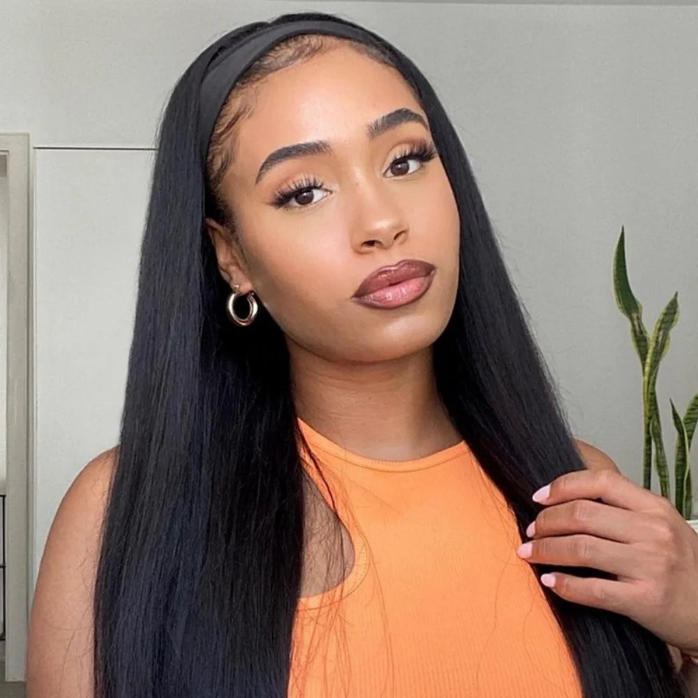 Perruque bandeau mi-longue en cheveux brésiliens vierges non traités, lisses et soyeux, sans colle, sans dentelle frontale, pour femmes, pré-épilée, avec ligne de cheveux naturelle