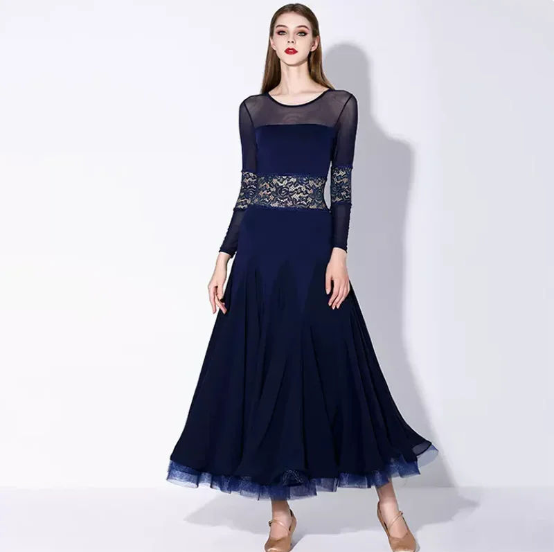 

New Adult Modern Dance Dress National Standard Ballroom Dance Dress Navy Blue Long Sleeved Waltz Practice Suit