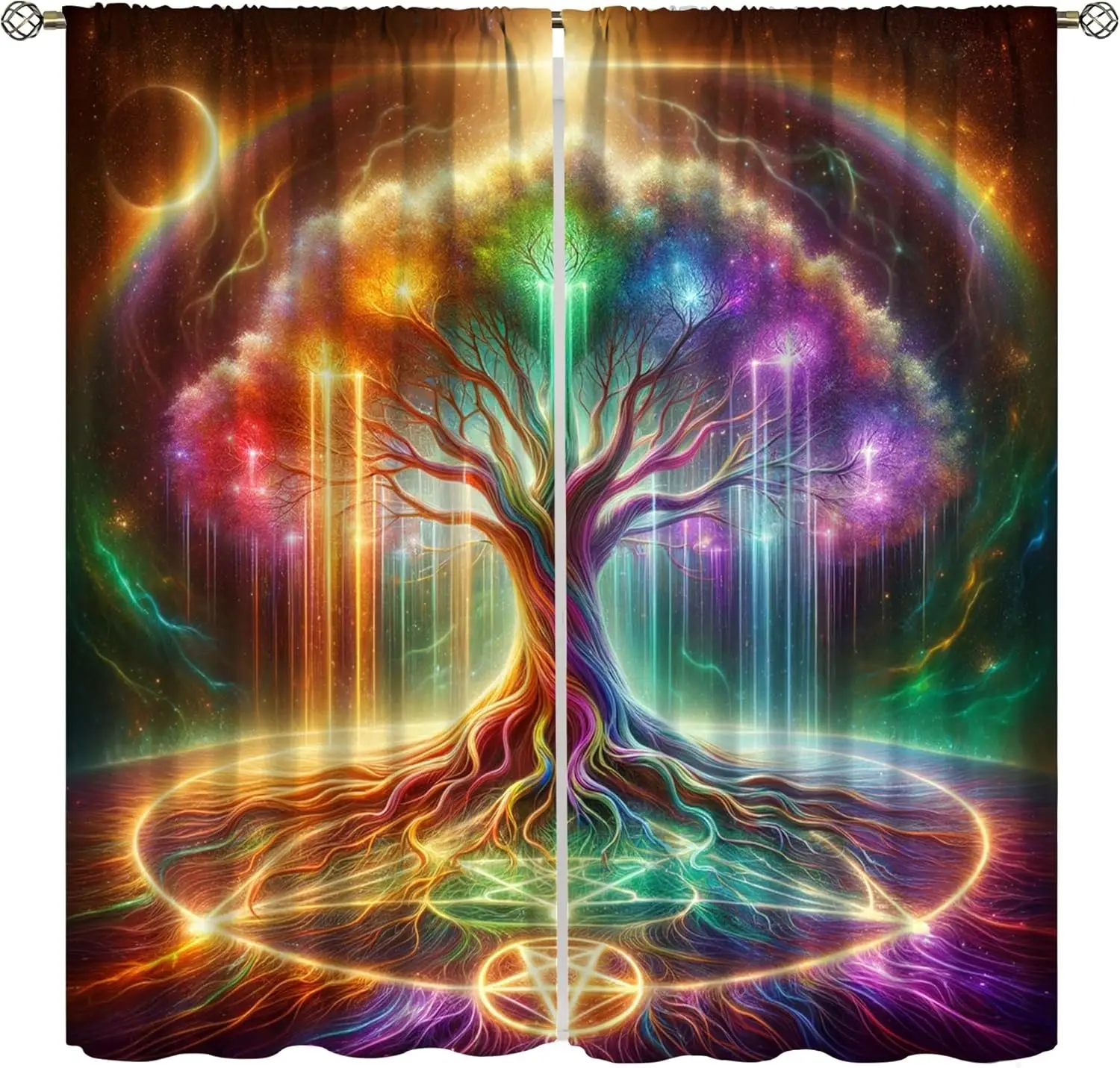 Cosmic Tree of Life Curtains Starlit Pentagrams Golden Light River Radiant Sacred Tree Decor Window Treatments for Kitchen Boys