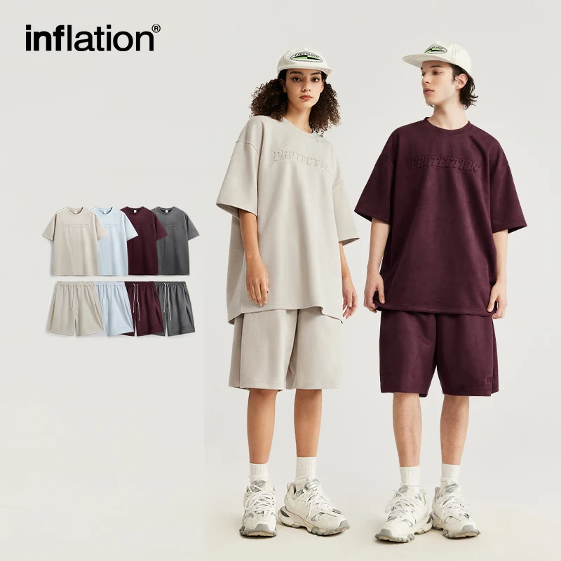 Inflation Sommer übergroße Trainings anzug Set Unisex Wildleder Stoff geprägt T-Shirts und Shorts Set