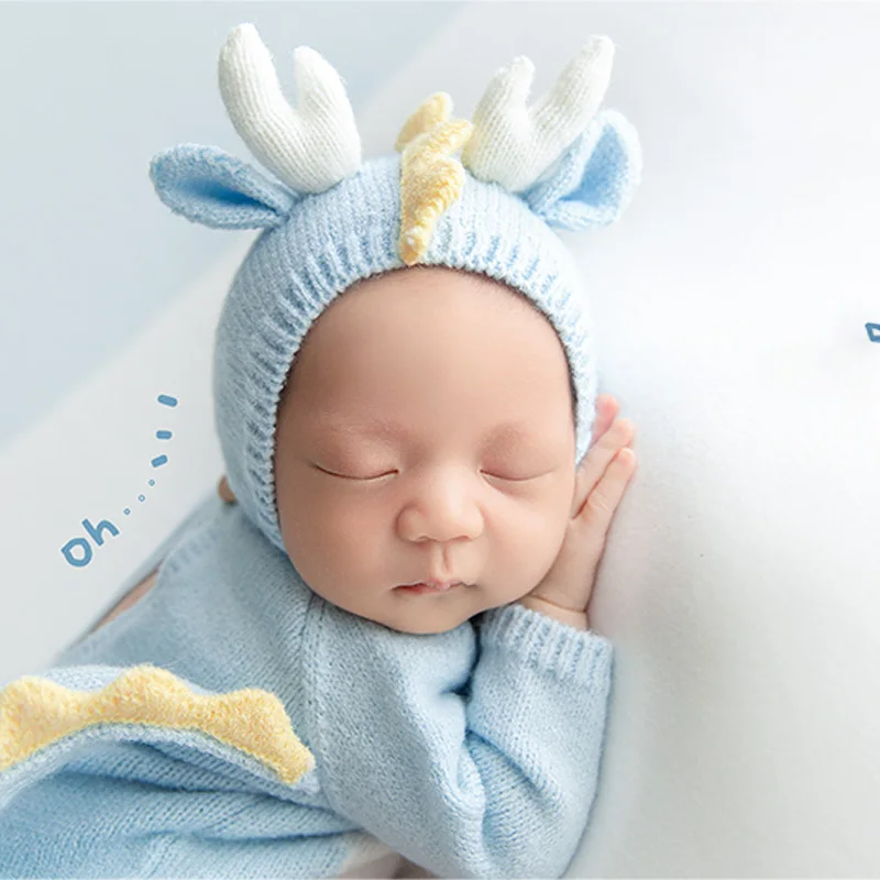 Knit Costume for Baby Newborn Photography Outfits Cute Blue Dragon Clothes Crochet Jumpsuit Hat Doll Baby Photoshoot Accessories