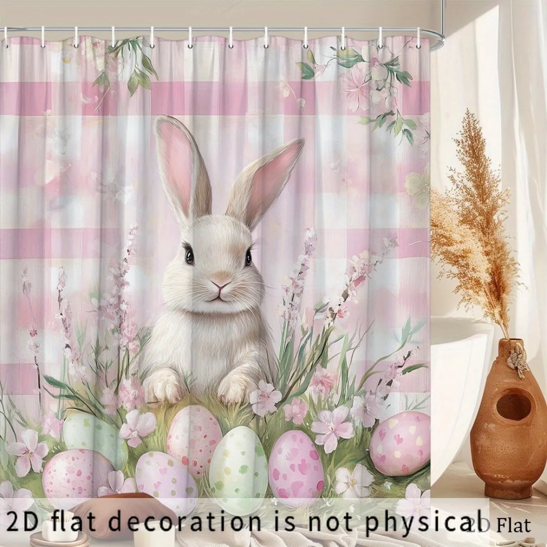 2D Flat, 2D Flat, 2D Flat Cloth 1pc Cute Rabbit Pattern Shower Curtain, Easter Egg Spring Plant Floral Plaid Watercolor Modern S