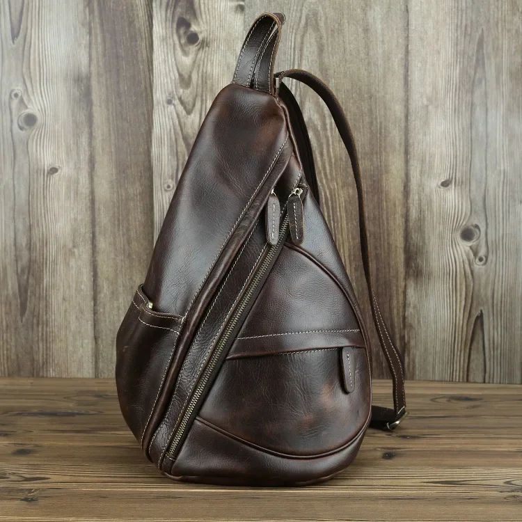 Leather Backpack Crazy Horse Leather Chest Crossbody Tote Vintage Head Layer Cowhide Men's Shoulder Bag