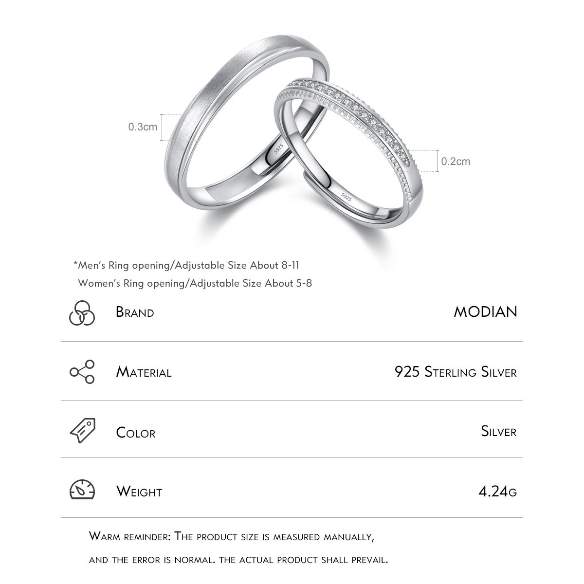 MODIAN Real 925 Sterling Silver Opening Size Couples Engagement 