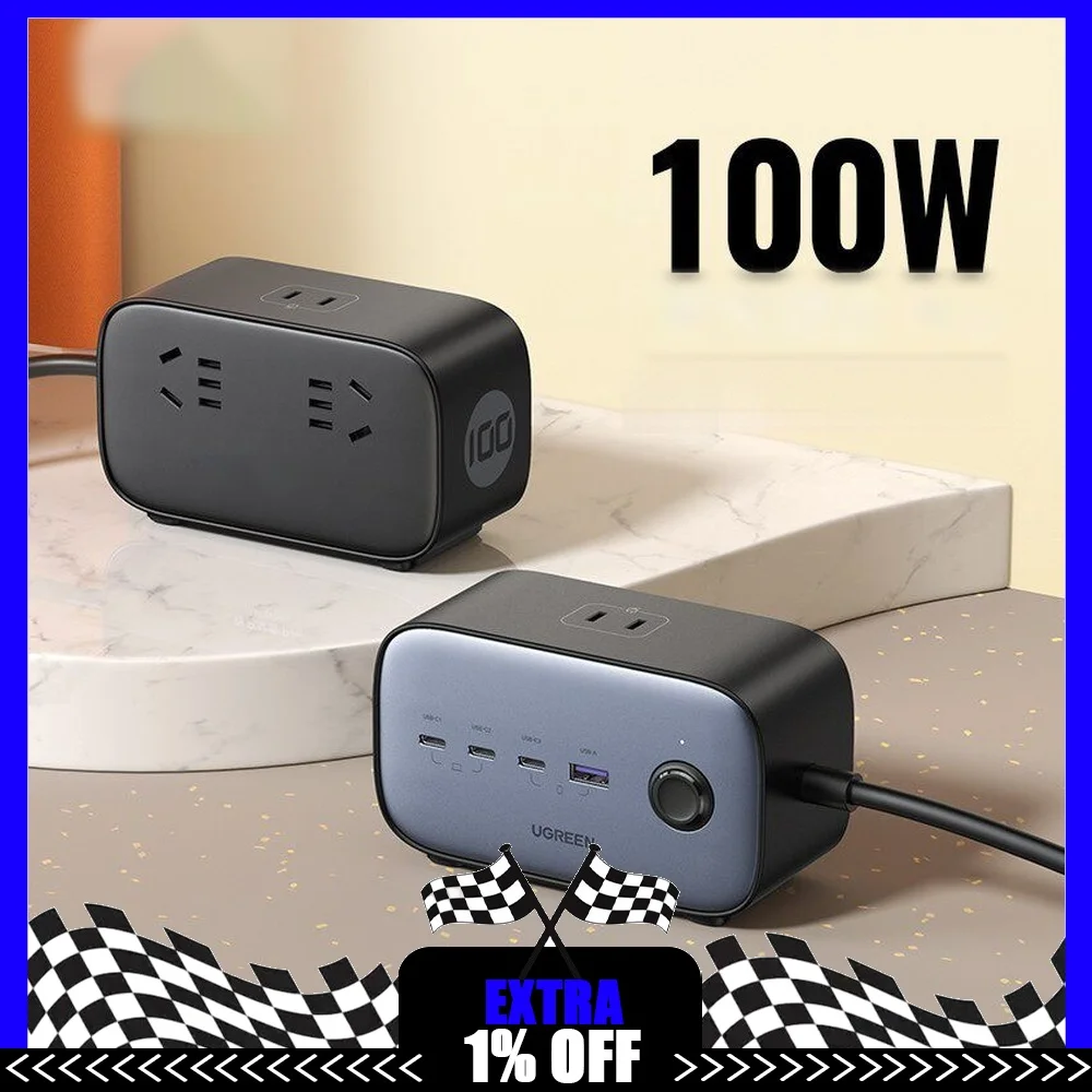 UGREEN 40895 GaN Power Strip 100W 3 USB-C USB-A 3 AC Outlets Desktop Charging Station for Laptop Phone Tablet