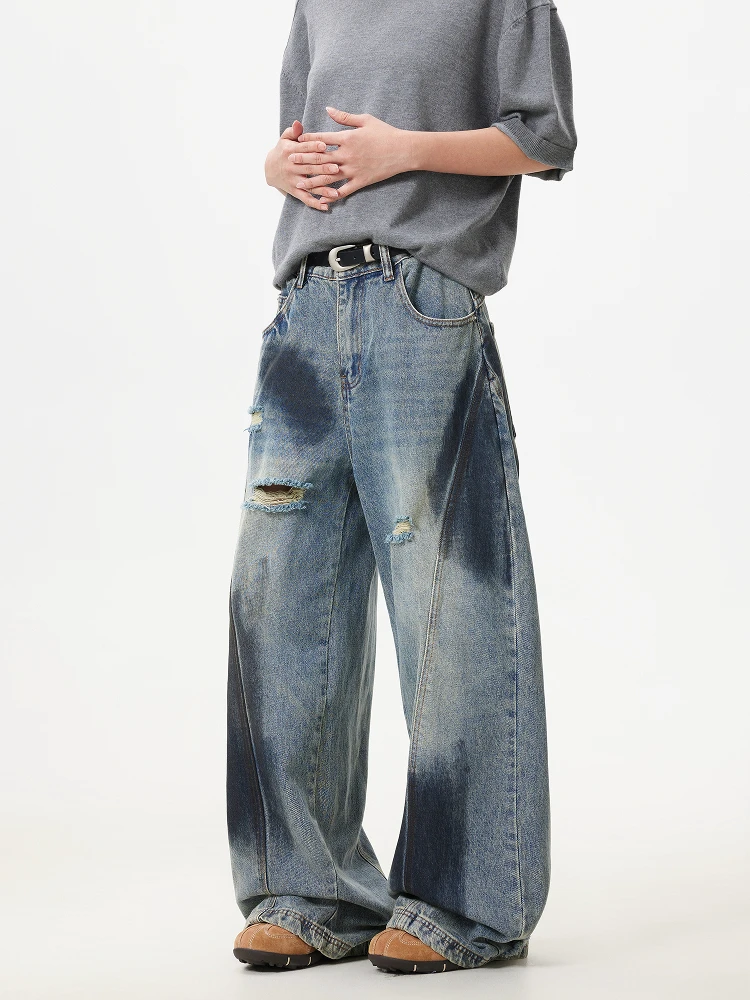 

Женские винтажные джинсы Wild AZI с эффектом спрей-покраски, широкие, повседневные, с рваными элементами, свободные, струящиеся, длинные брюки, модель для женщин 18-24 размера