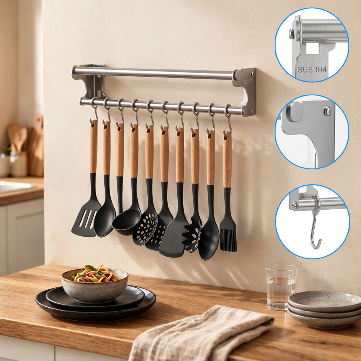 Stainless Steel Kitchen Utensil Holder with Hooks & Paper Towel Rack – Wall Mounted Organizer for Knives, Spoons,Spatula&Towels