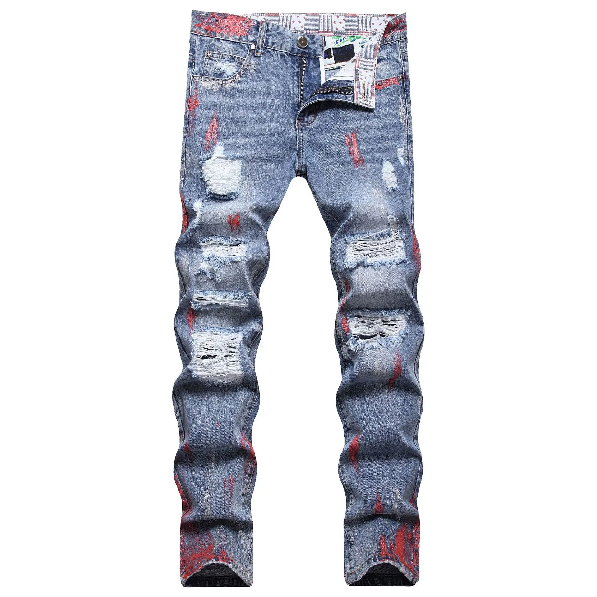 Europe and the United States paint slim-fit small straight leg jeans men hand-painted blue  feet long pants ripped 