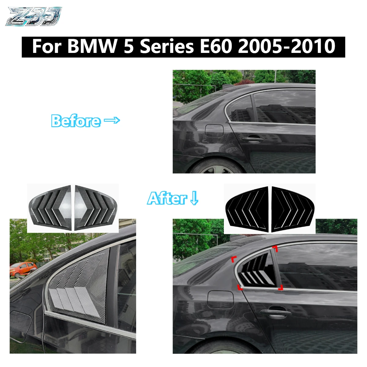 

ZJJ Rear Side Window Louver Shutter Cover For BMW 5 Series E60 2005-2010 ABS Racing Louvers Privacy UV Resistant No Drilling