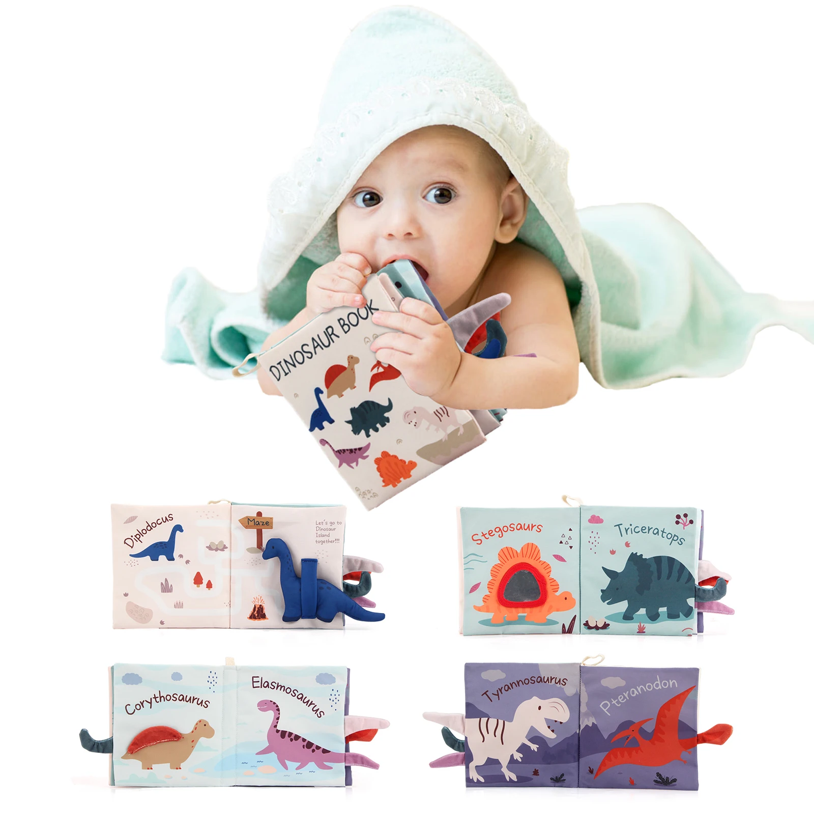 17x16CM Baby Soft Cloth Book Tail Cloth Book Parent-child Interactive Sensory Dinosaur Book 0M+ Newborn Montessori Toy Baby Gift
