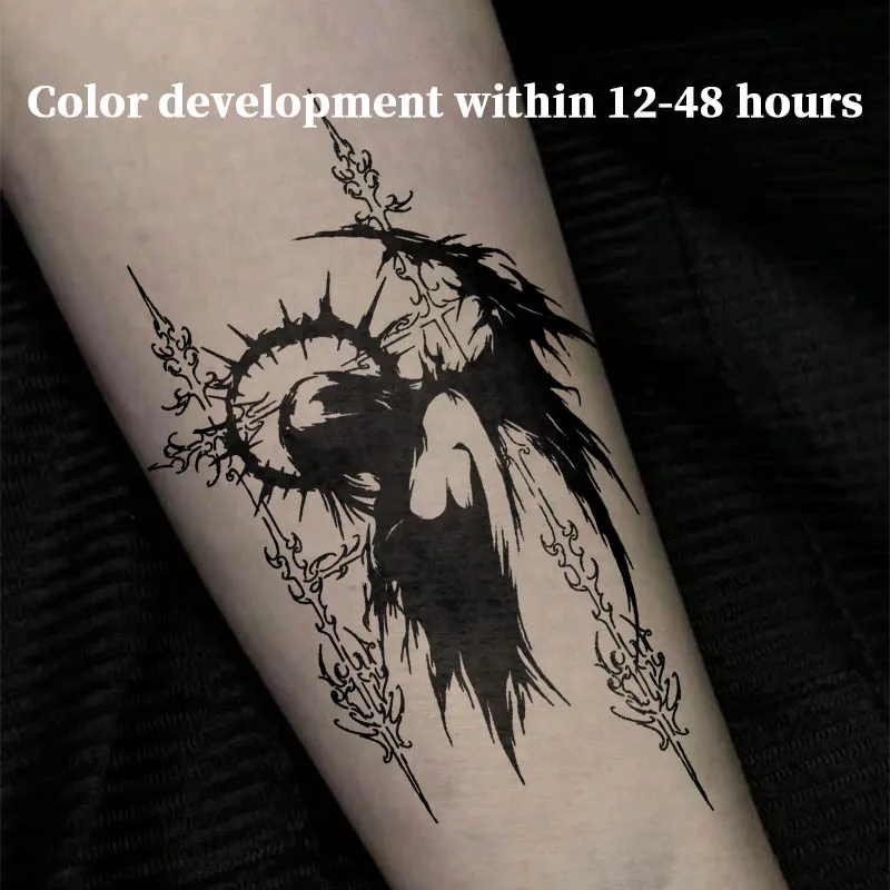 Thorn Halo Angel Wing Cross Herbal Juice Tattoo Sticker, Waterproof Semi‑Permanent Occult Temporary Tattoo Decals For Forearm