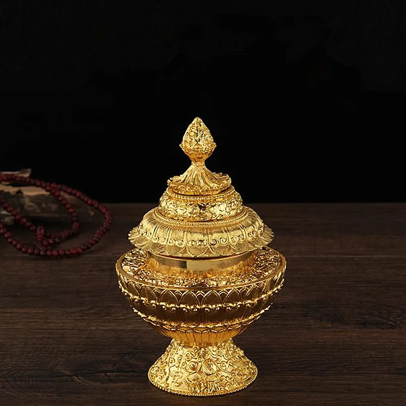 

17cm Gold Alloy Metal Collective Lucky Auspicious Plated Carving Tibetan Buddhist Tranic Home Office Putting Decoration