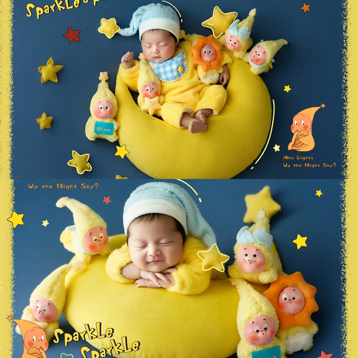 Newborn Photography Props Kit Plush Nightcap+Baby Jumpsuit Yellow Moon Baby Posing Pillow Stars Prop Studio Shooting Accessories