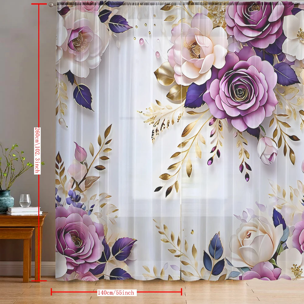 2PCS Home decoration with purple flower and gold leaf printed window screens, equipped with pole bags, suitable for living room