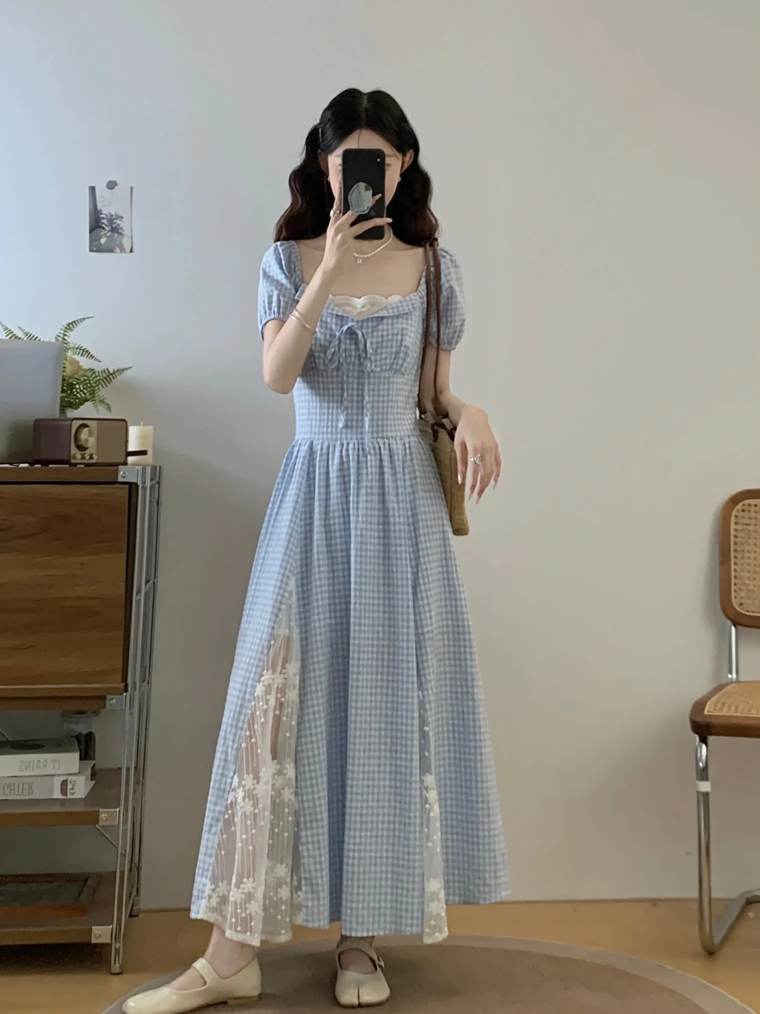 

plus Size Women's Sweet Lace Splice Square Collar Belted Dr Summer New Waist Cinching Long Dr Korean Sle Slim Fit o...