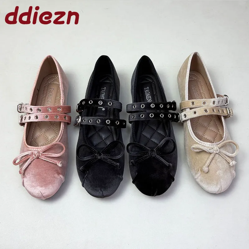 2025 New Footwear Silk Fashion Buckle Strap Women Ballet Flats Dance Shoes Female Butterfly-Knot Shallow Ladies Flats With Shoes