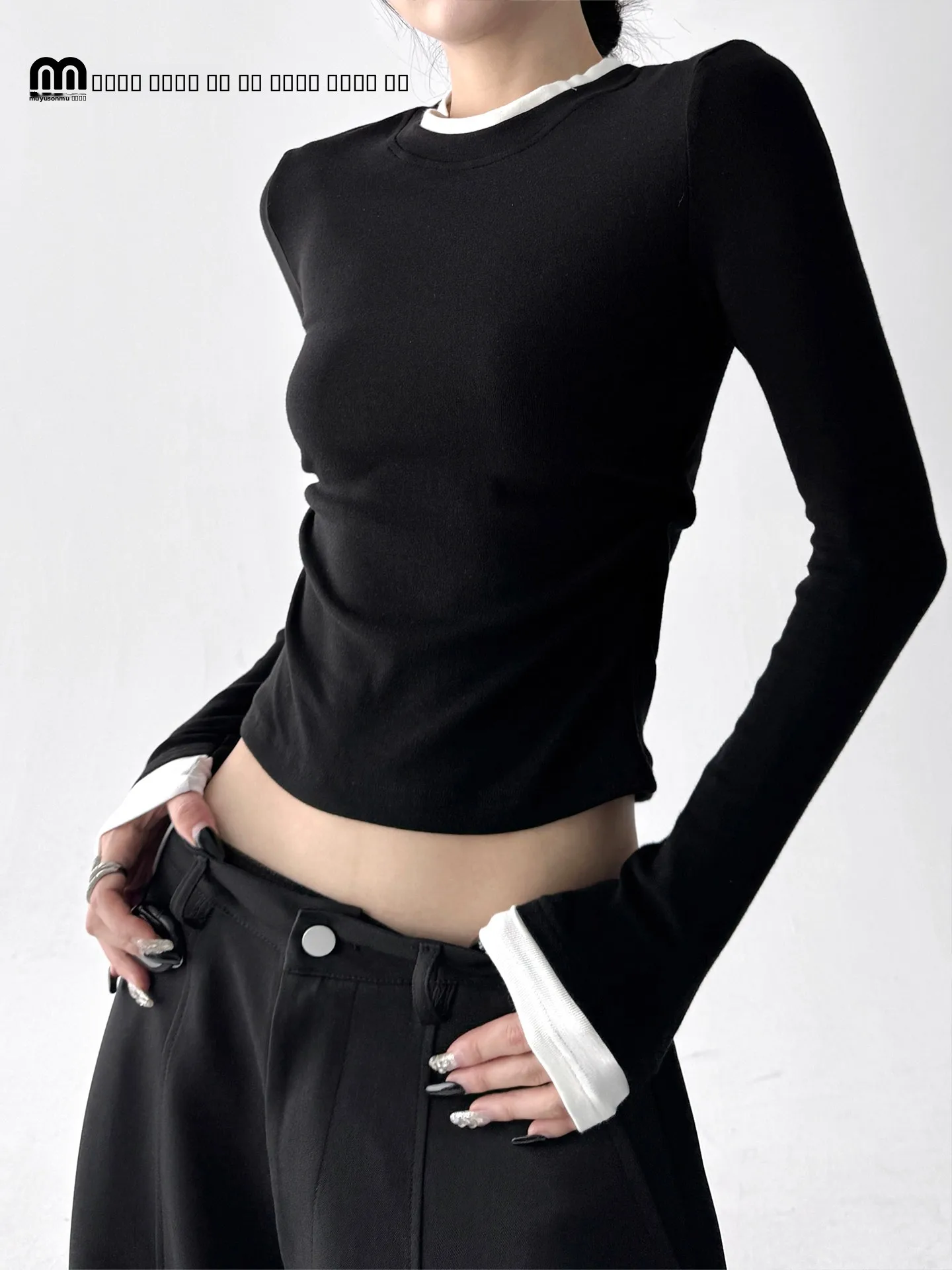 

Korean Sle round Ne Long Sve T-irt Student Commute Slim Fit Blo Color Pure Color Base irt Autumn New Arrival