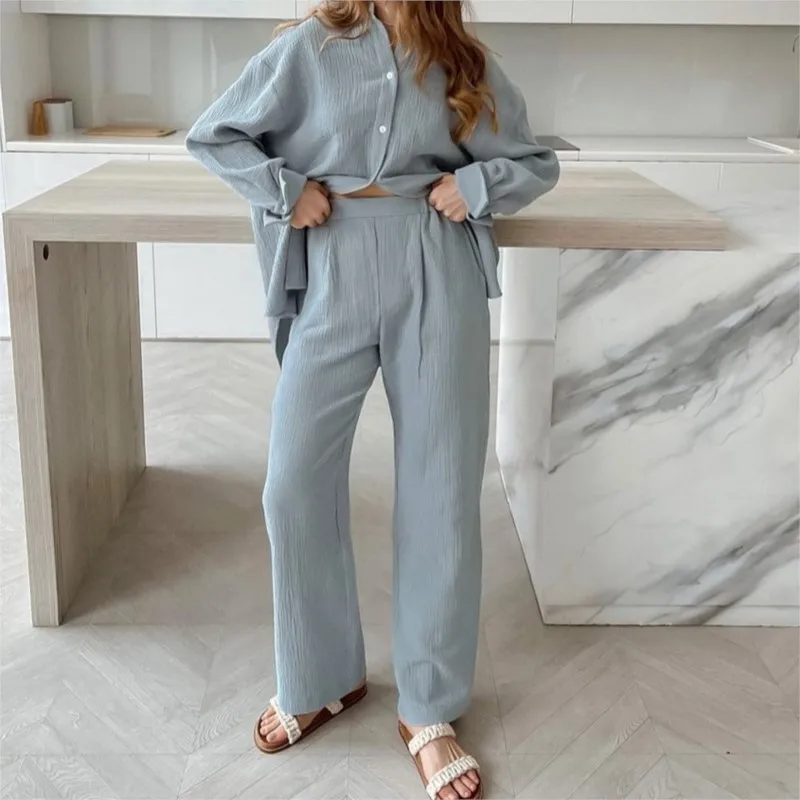 

Autumn Cotton Linen Women Daily home clothes Suit Long Sleeves Shirt Wide-leg Pants Set Female Fashion Casual Suits Clothes Lady