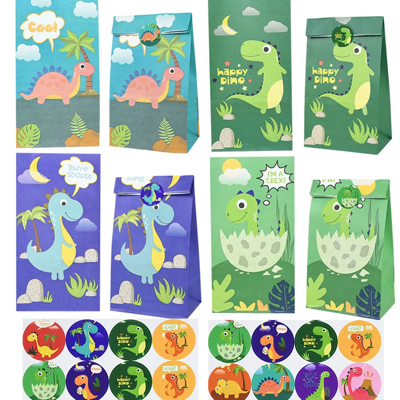 12 sztuk Cartoon dinozaur torby na cukierki z naklejkami ciasteczka prezenty opakowanie papierowe torby dla dzieci motyw dino dekoracja urodzinowa