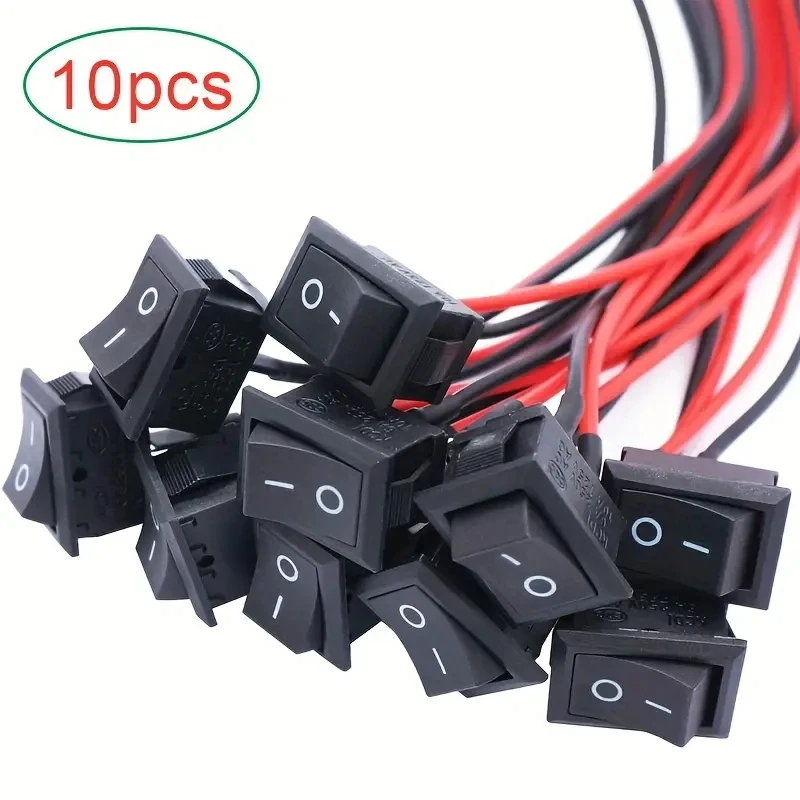 5/10Pcs Pre-Wired Rocker Switch, Ac 6A/250V 10A/125V Spst, 2-Pin 2-Position, Square Black Toggle Switch, with Soldered Wires, Kcd1-F, Plug-In Type, Copper Contacts, Plug, On-None-Off Operation, Hard-Wired Power Supply, 85V-265V Voltage, No Battery, Industrial Electrical Control Indicator