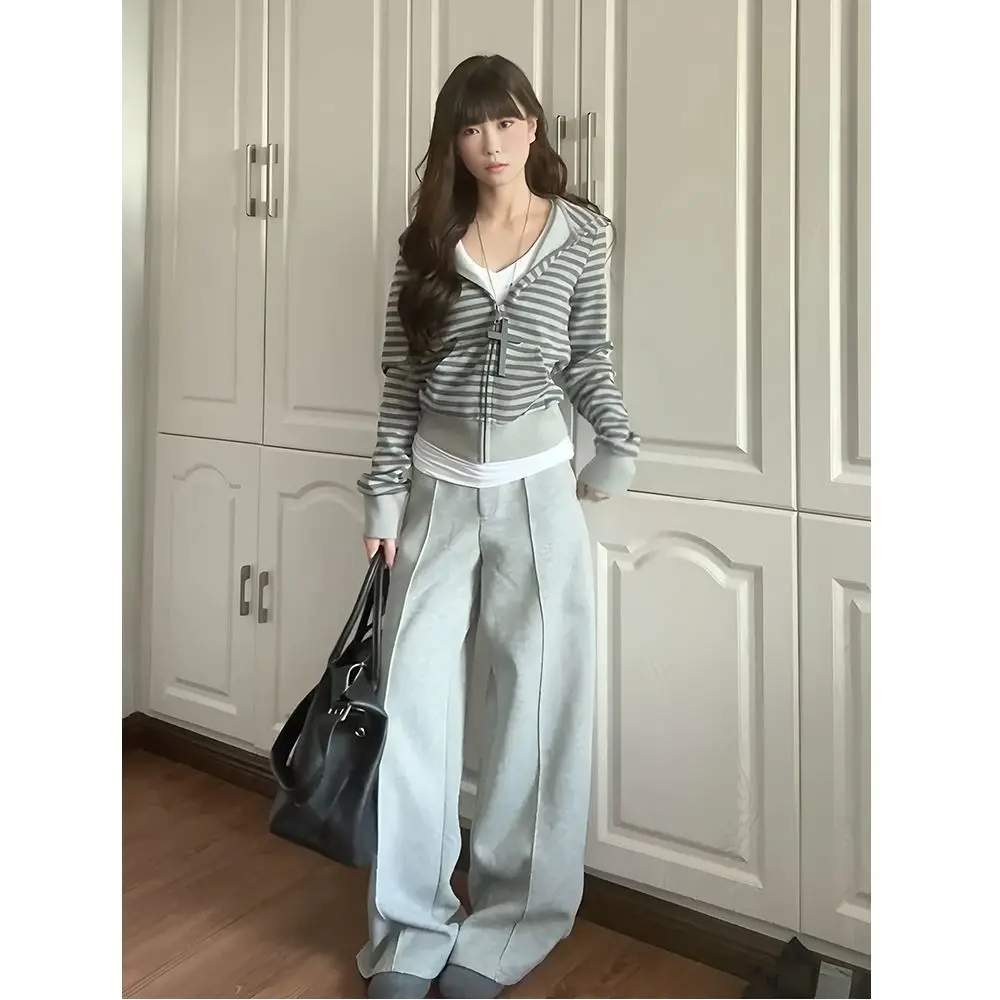 

Retro American Lazy Style Striped Hoodie Women's Autumn Winter Slimming Zipper Cardigan Outerwear Korean Style Top