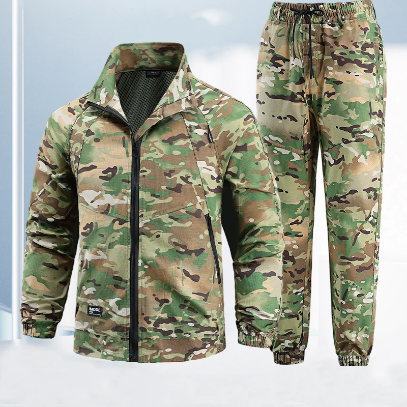 Men's Camo Tactical Sets Waterproof Zipper Jacket Military Man Softshell Spring Autumn Outdoor Outerwear Sets Pants Cargo Suit