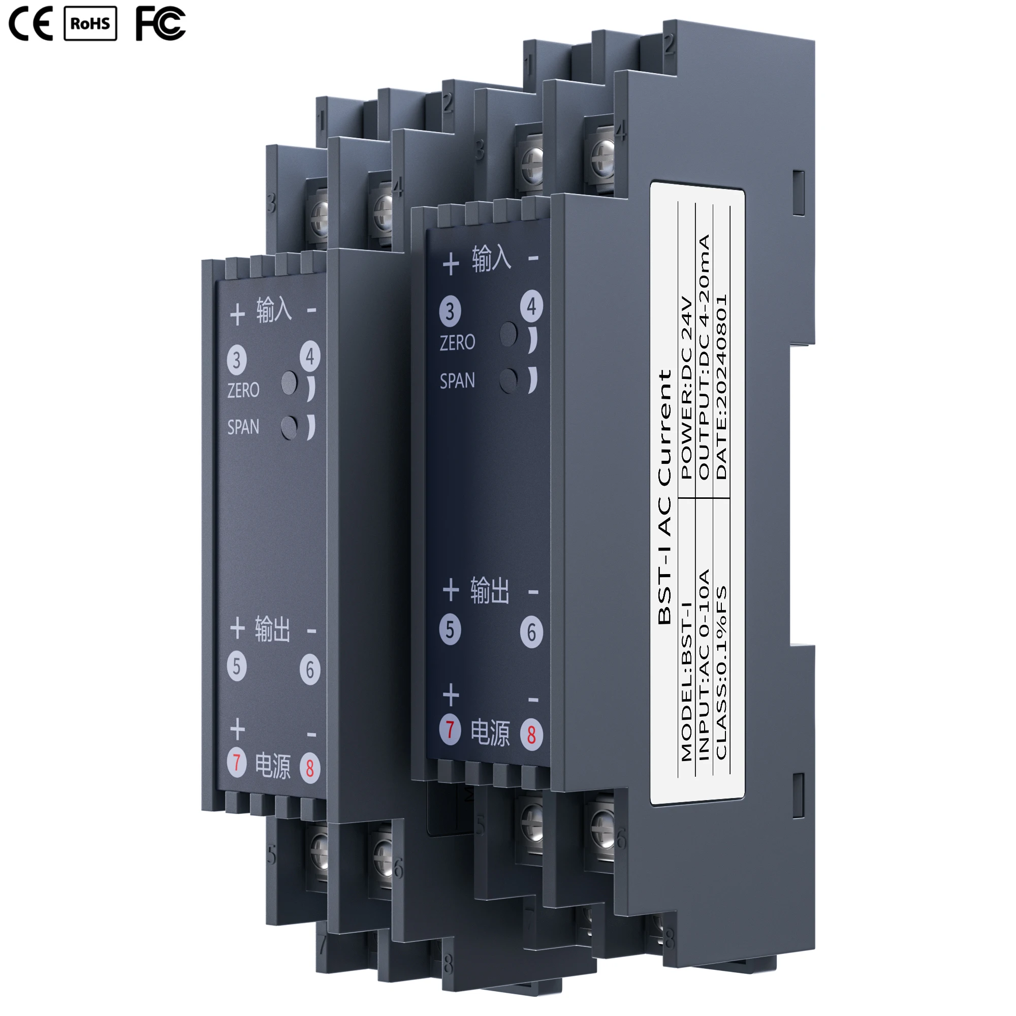 High Accuracy AC 1A 2A 3A 5A 10A 15A 20A to 4-20mA 0-20mA 0-10V 0-5V 1-5V 35mm DIN Rail Current Transmitter DC24V Current Sensor