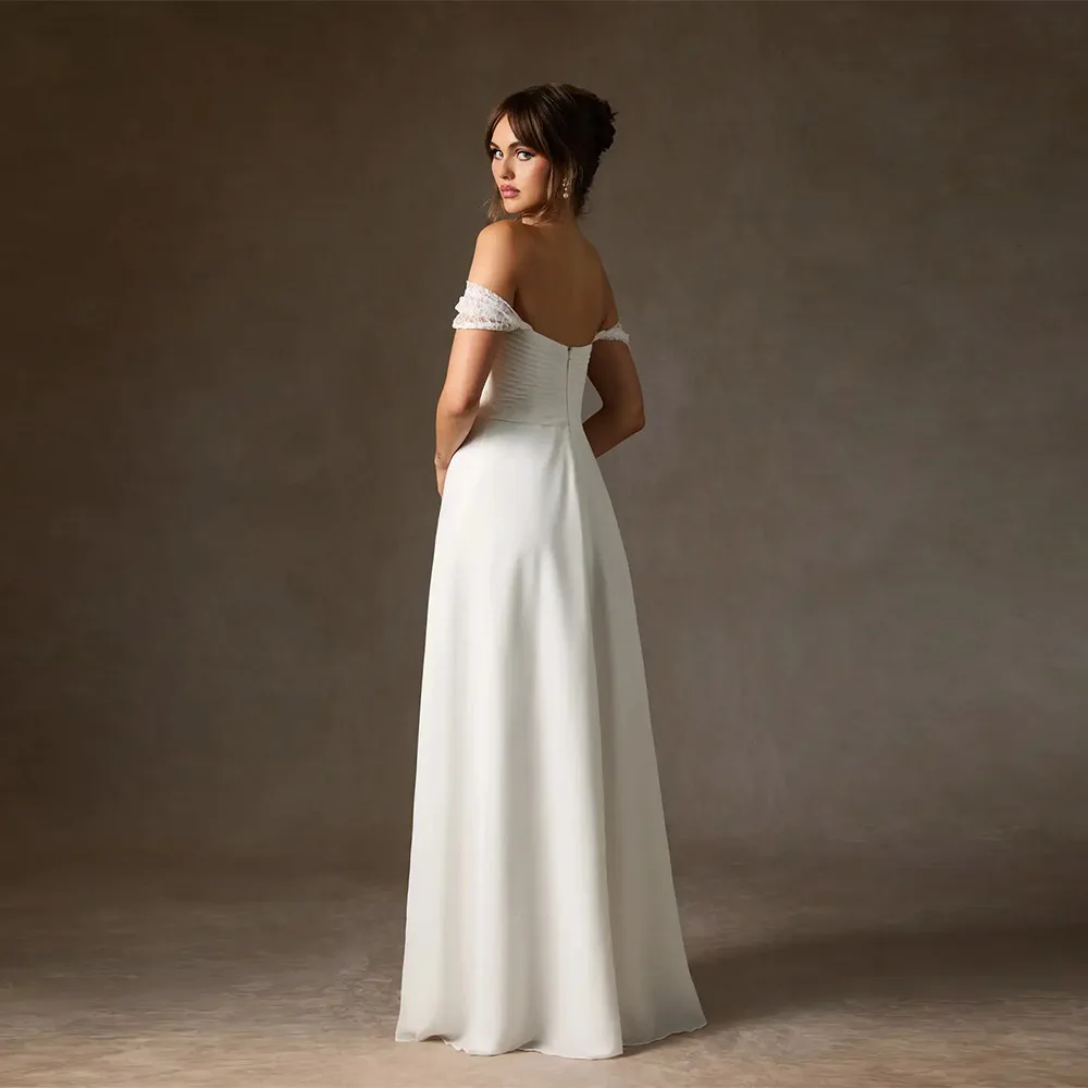 Customized Sweetheart Wedding Dresses A Line Soft Chiffon Lace Off The Shoulder Bridal Gown Side Split Floor Length Wedding Gown