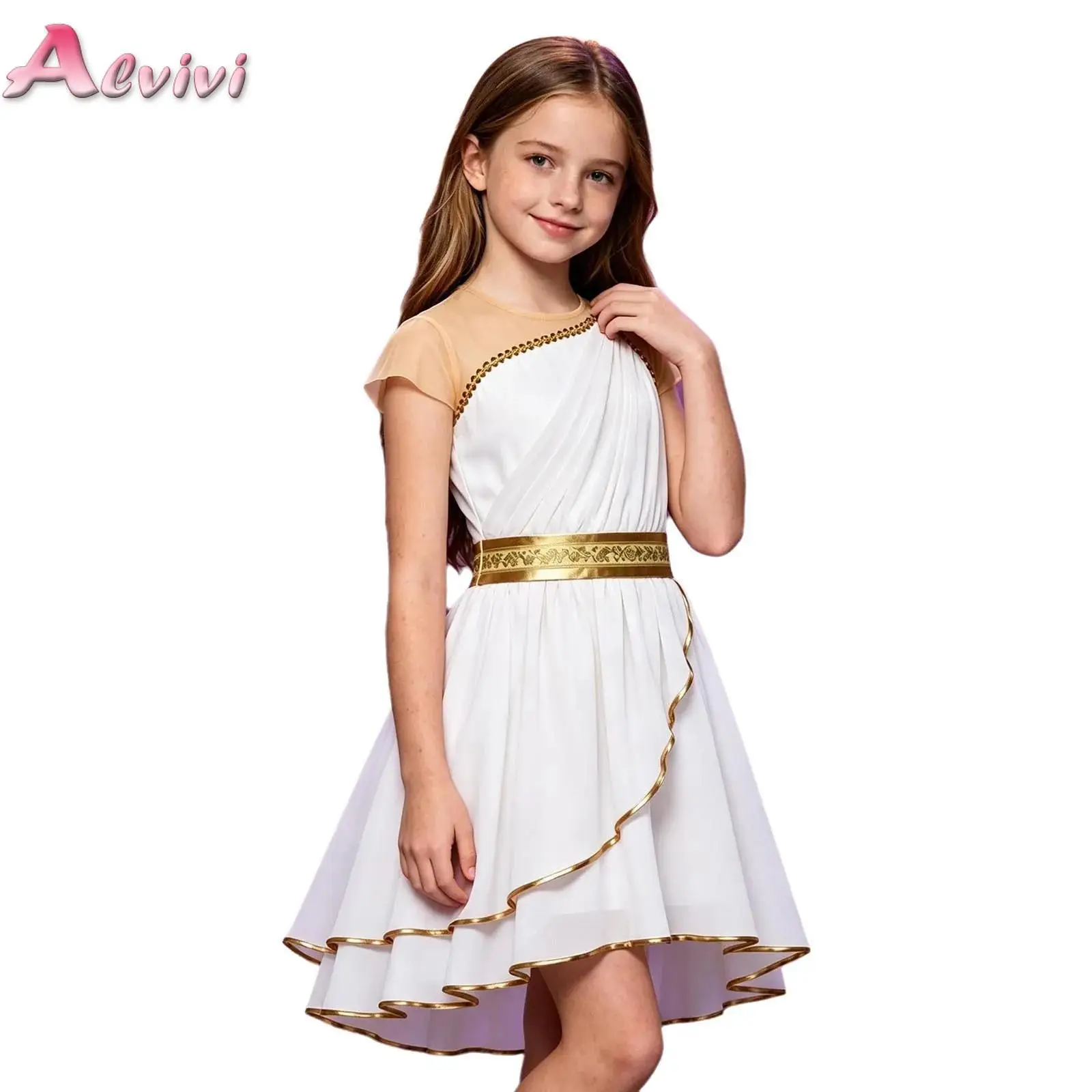 Kids Girls Themed Party Dress Embroidered Metallic Asymmetrical Athena Costume Greek Princess Dress Ancient Greece Roman Toga