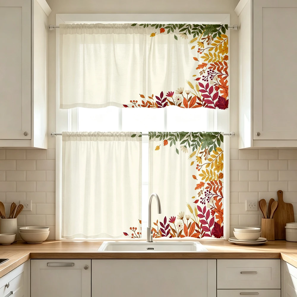 Fall Kitchen Curtains, Autumn Leaves Berry Corner, Digital Print, Kitchen Dining Room, Rod Pocket Polyester, Home Decor