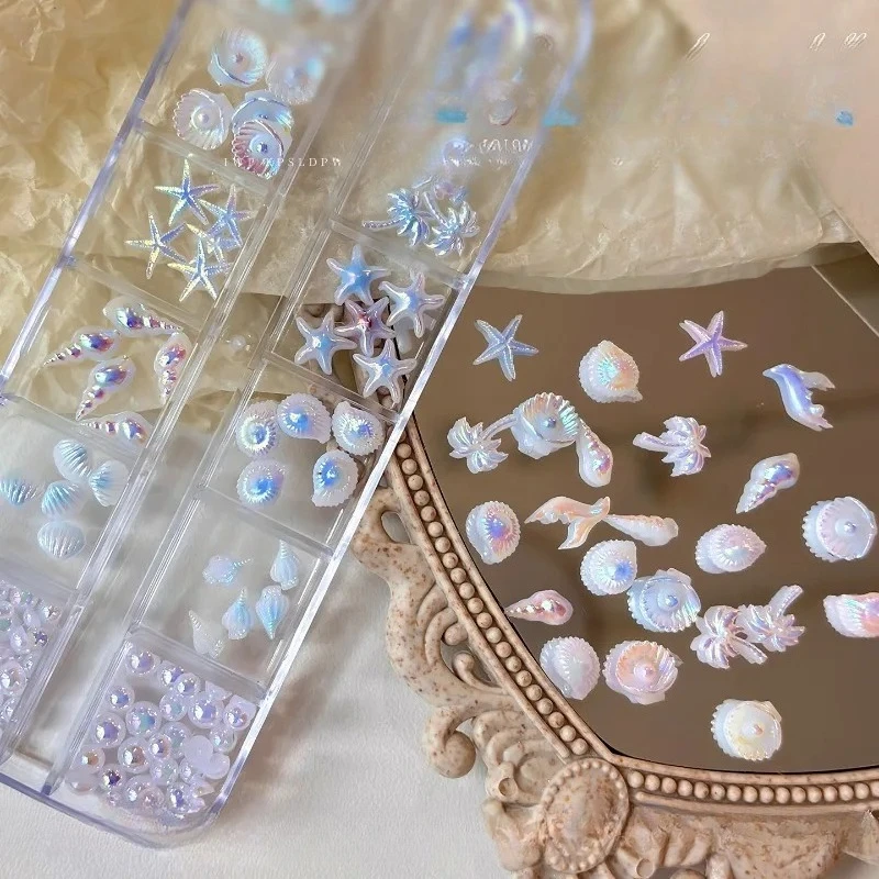 Mixed Aurora Shell Nail Charms Ocean Series Starfish Conch Coconut Tree Resin Nail Art Decorations DIY Manicure Accessories