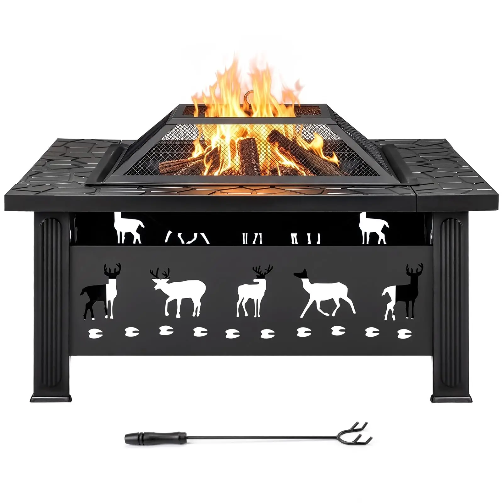 Outdoor Fire Pit, 32 Inch Wood Burning Firepits - Deer Design