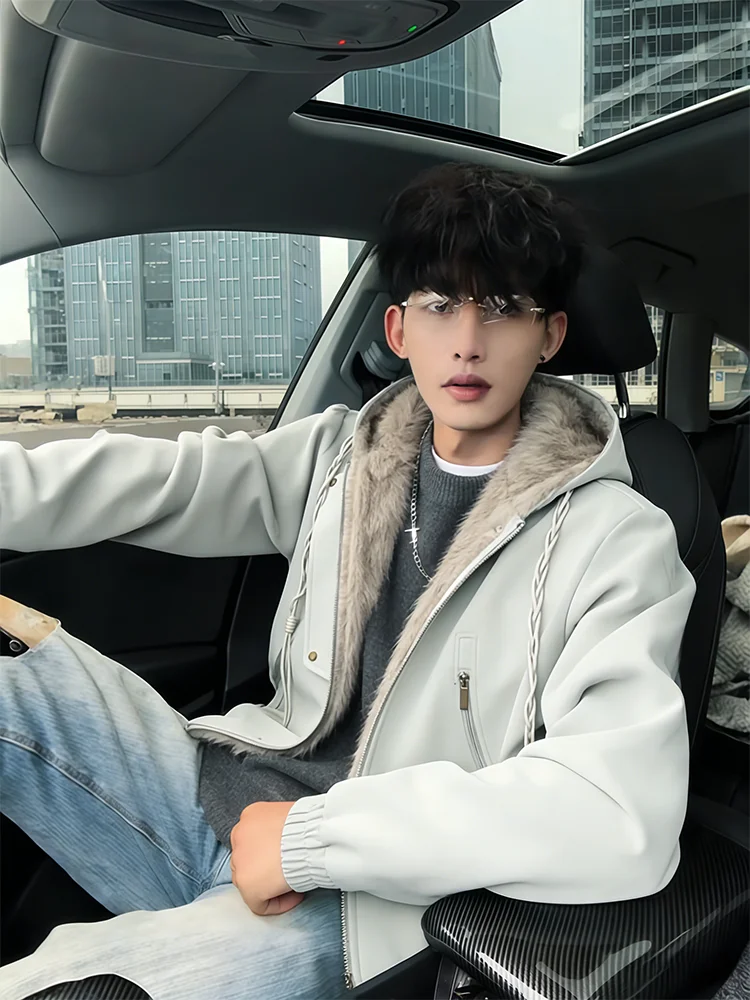 

American Deconstructed Zipper PU Leather Eagle Jaet Men's Winter Thiened High-End Cool Hooded Motorcycle Cotton Jaet