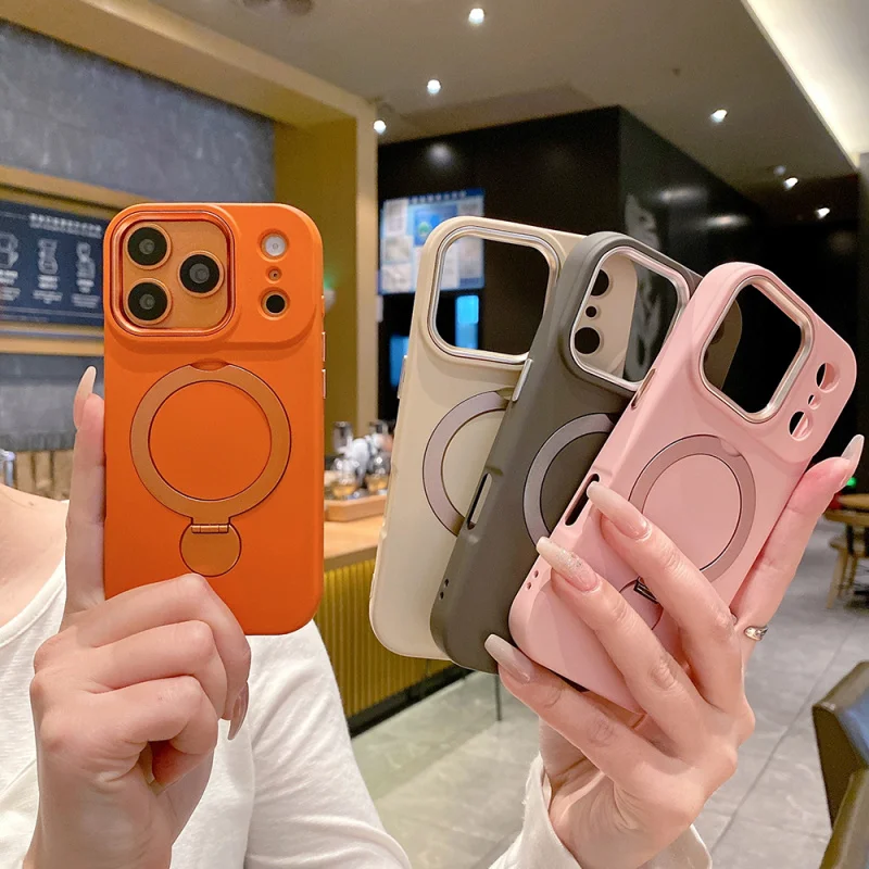 Luxury liquid 360° support magnetic phone case for iPhone 13 16 17 15 14 Pro Max metal rotating bracket shockproof bumper cover