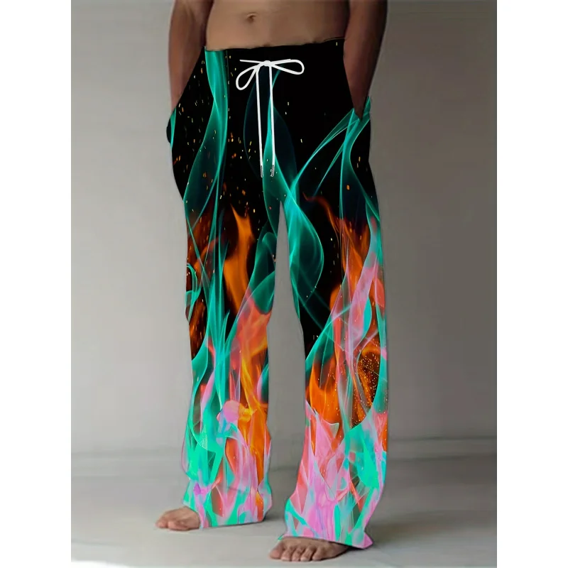 2025 MEN'S FASHION Casual Pants Dynamic 3D Flame Print Straight Leg Casual Pants Waist Retro Style Street Wear