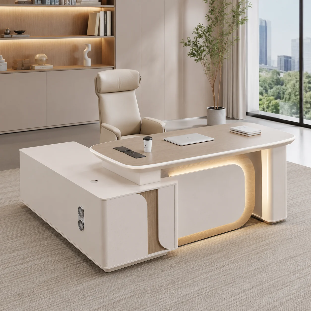 Factory Price LED Executive Office Desk L Shaped CEO Boss Table With Side Cabinet Custom Manager Furniture