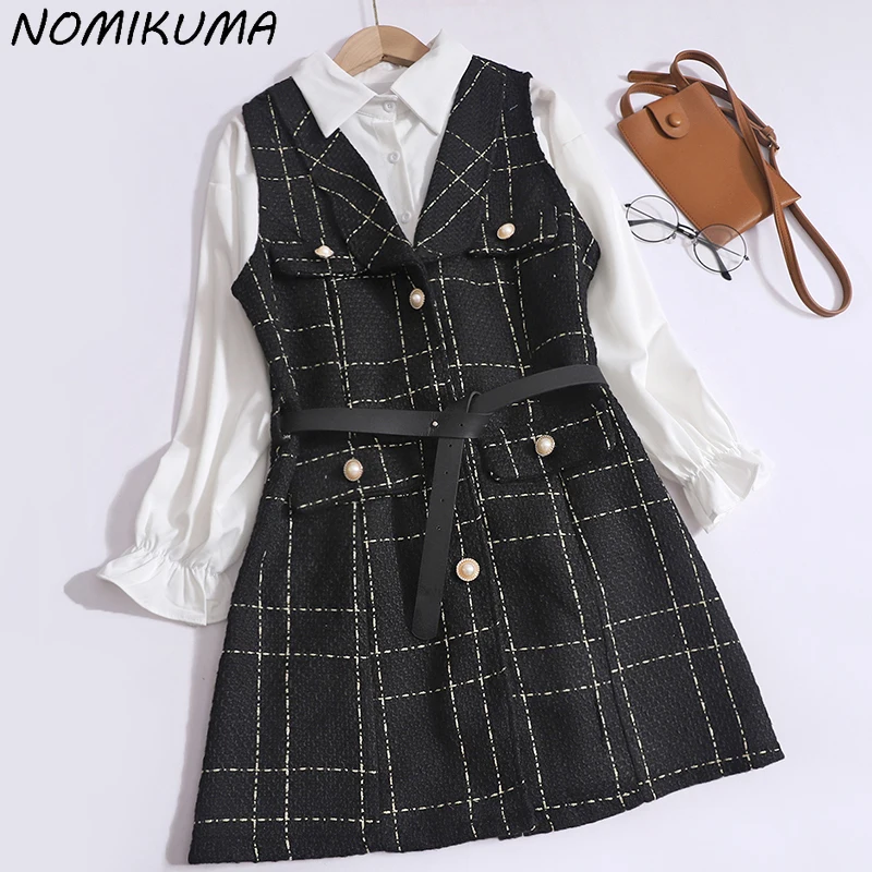 Nomikuma Elegante Middellange Single Breasted Tweed Gilet Tweedelig Causaal Witte Blouse Herfst Vrouwen Sets 2023 Nieuw