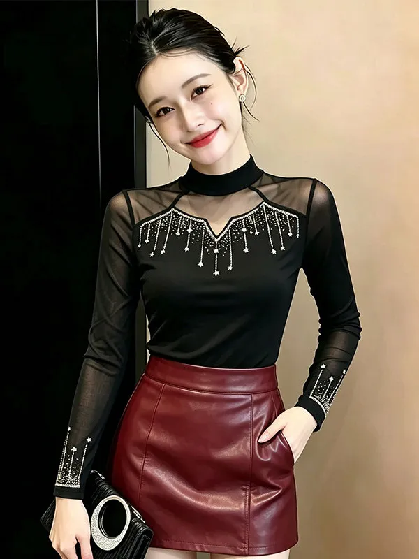 Fashionable Mesh Base Shirt with Hotfix Rhinestones Long Sleeve Slim Fit Inner Wear Elegant Versatile Top for Women