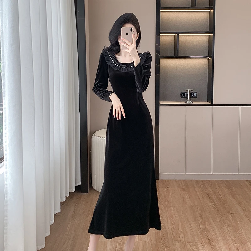 New 2024 Elegant Autumn Ruffles Beading Velvet Midi Dress For Women Round Collar Lace Up Belt Slim Waist Black Velour Vestidos