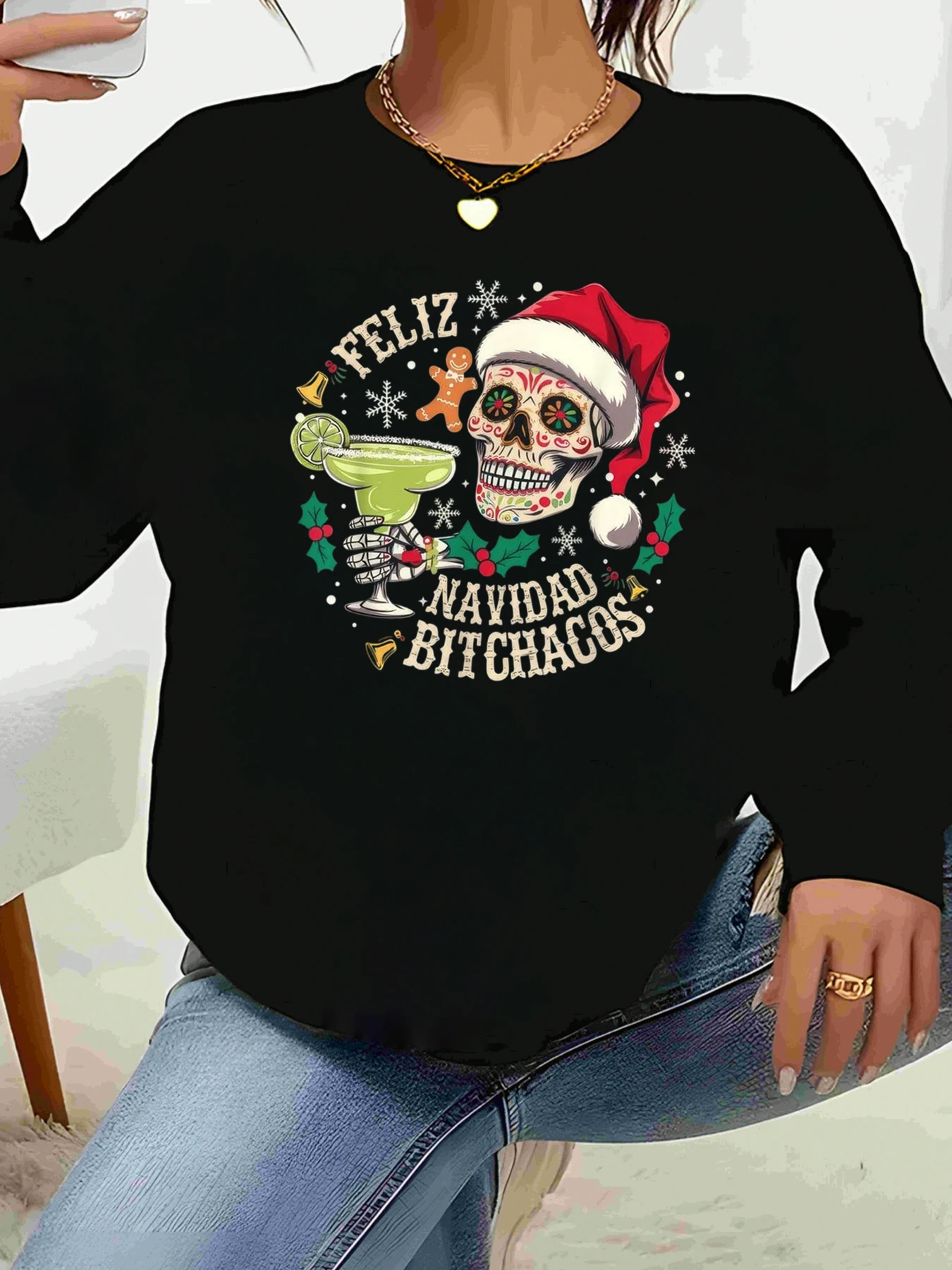 Sugar Skull Santa Christmas Print Top met lange mouwen Holiday Party Dames vrijetijdskleding