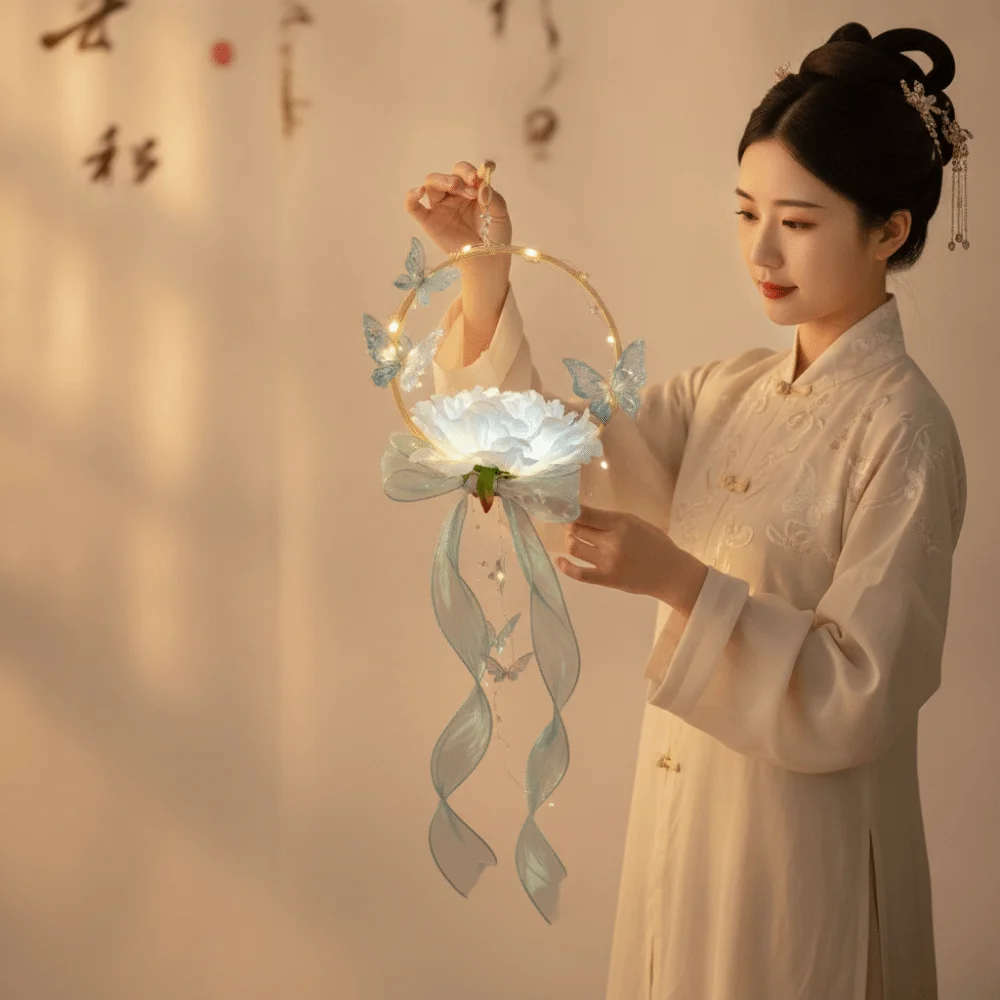 Material Package Butterfly Lanterns LED Warmglow Organza Ribbon Glowing Nightlight Unassembled Kit Circular Frame