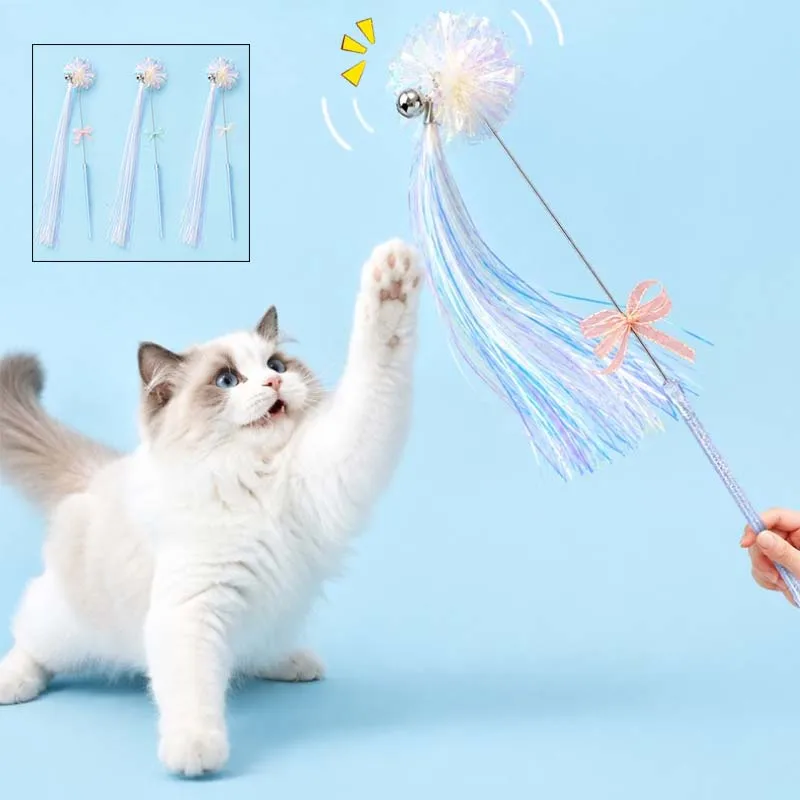 Cat Teaser Stick Toy Squeaky Bell Rustling Paper Amuse Oneself Kitten Toy Tassel Teasing Interactive Cat Toy Supplies