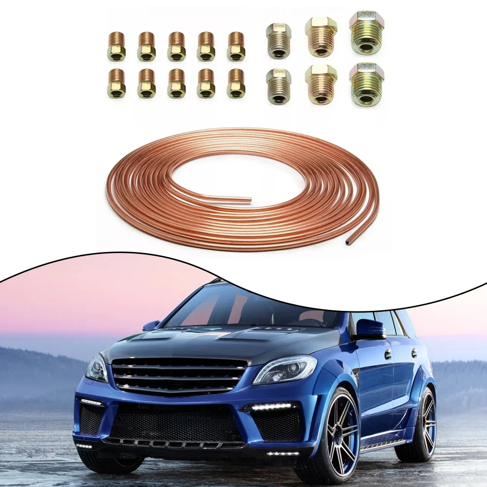 1x Auto 3/16 Brake Line Tubing Roll 25 Ft Copper Coated Flexible Tube Roll 16 Fittings Useful For Hydraulic Lines Car Parts