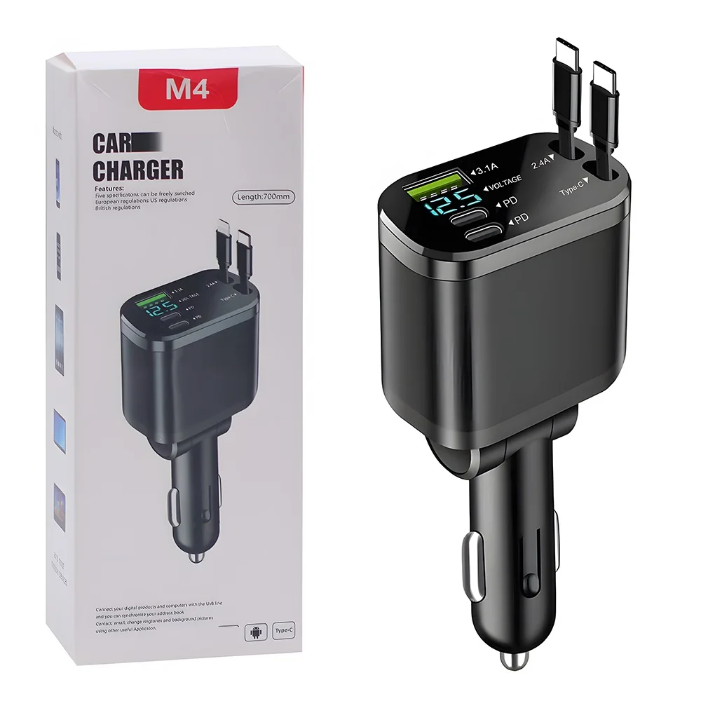 Pd 120w Fast Charging 5 In 1 Retractable Usb Car Charger Type C Adapter Mobile Cell Phone Usb Car Charger With Cables