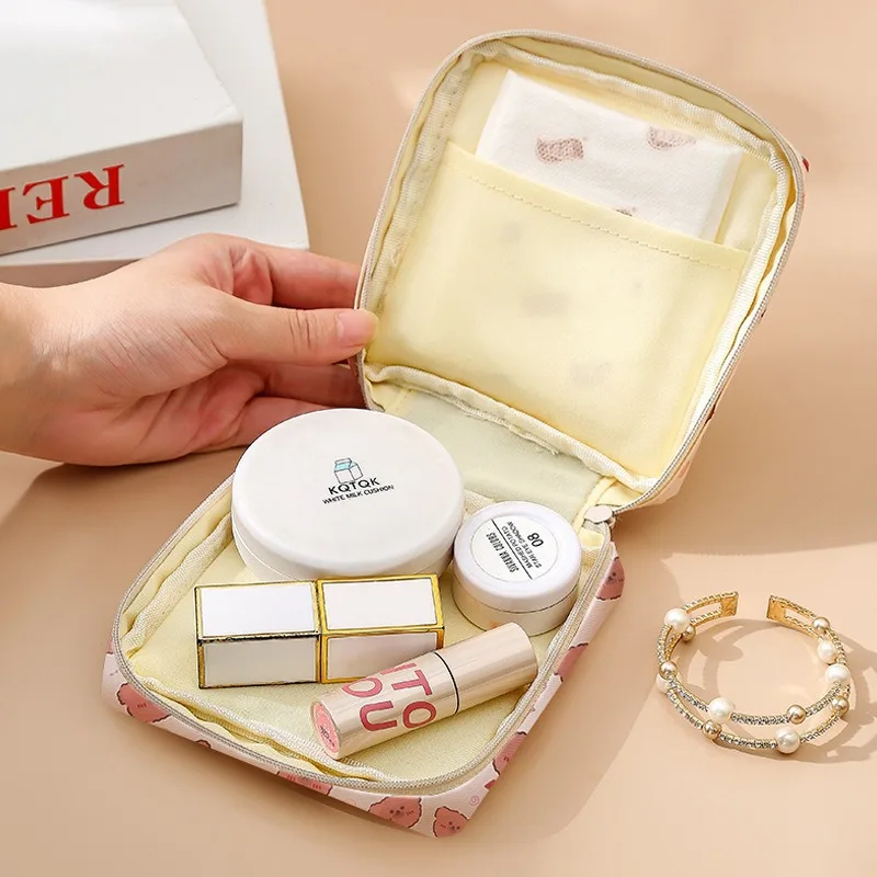 Student makeup bag, storage organizer, cute and portable, minimalist design, pencil case, cartoon print, sanitary pad storage