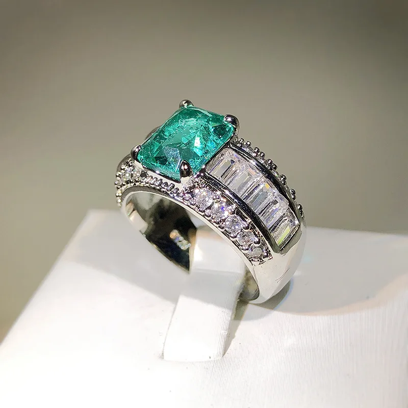 New Princess Cut Paraiba Tourmaline Ring Lab Grown High Carbon Diamond Imitation Women Fine Jewelry Party Wedding GIft Wholesale